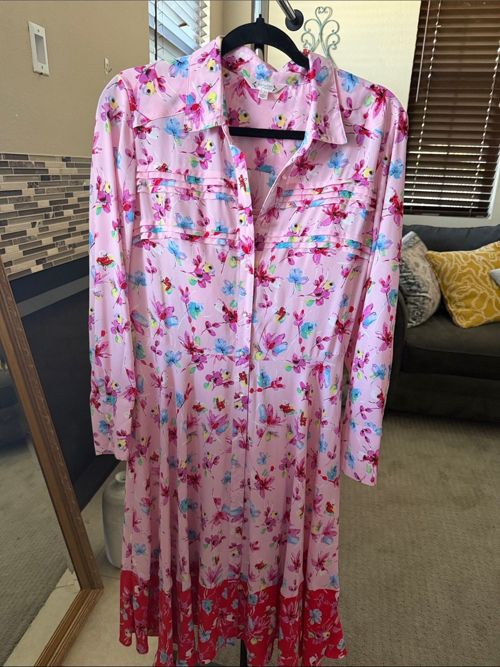 Nanette Lepore Pink Floral Long-Sleeve Midi Shirt Dress